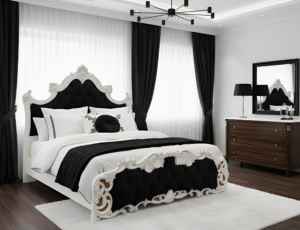 Hollywood Glamour Baroque Panel Bed - Dramatic Black and White Contrast