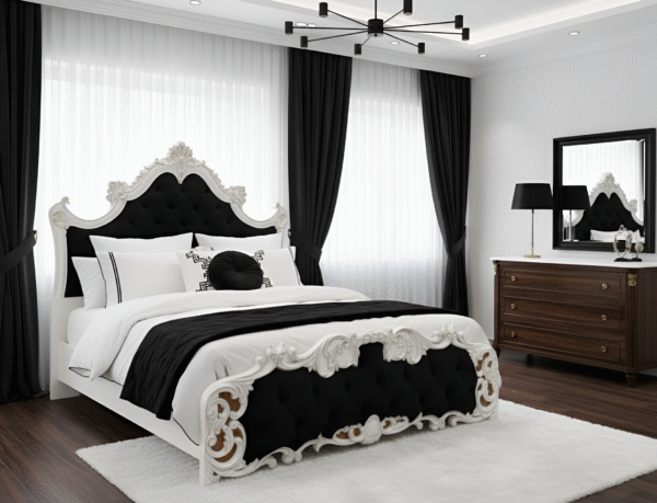 Hollywood Glamour Baroque Panel Bed - Dramatic Black and White Contrast