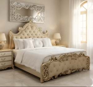 Regal Tufted Panel Bed with Gold-Leaf Finish - Old World Luxury