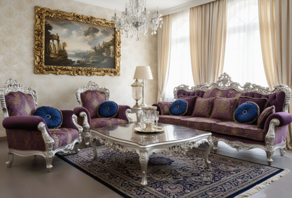 Baroque Majesty Sofa and Armchair Set - Regal Purple & Antique Silver